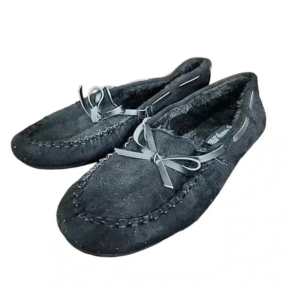 Ashley Blue Nwt Black faux fur Slippers Size 8 - Picture 2 of 8